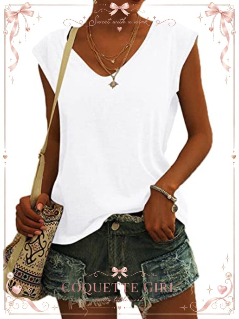 Womens Summer Cap Sleeve V-Neck Loose Fit Tank Top T-Shirt